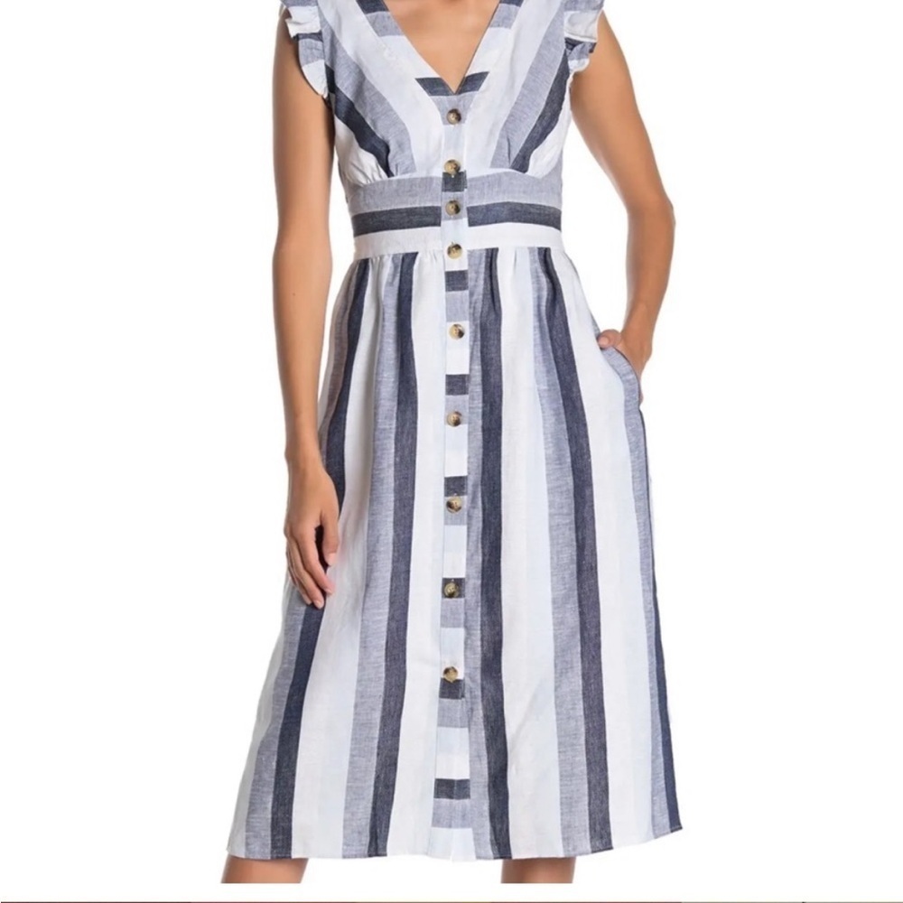 J. Crew Pointe Sur Button-front linen midi dress in faded indigo stripe Size 00
